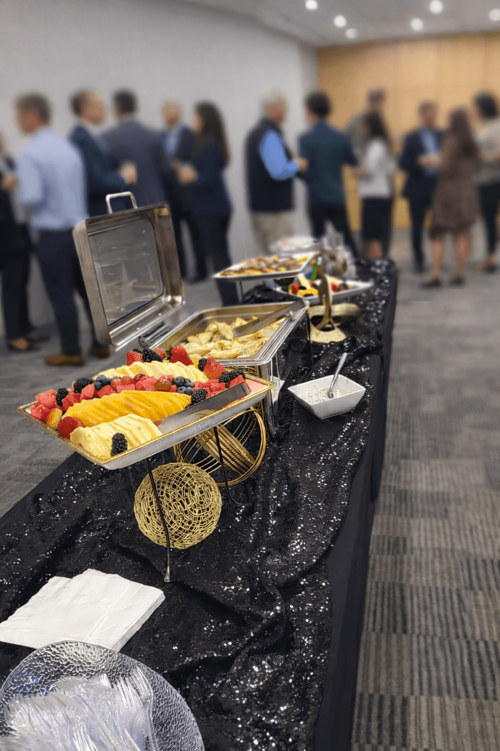 Social event buffet line with chafing dishes